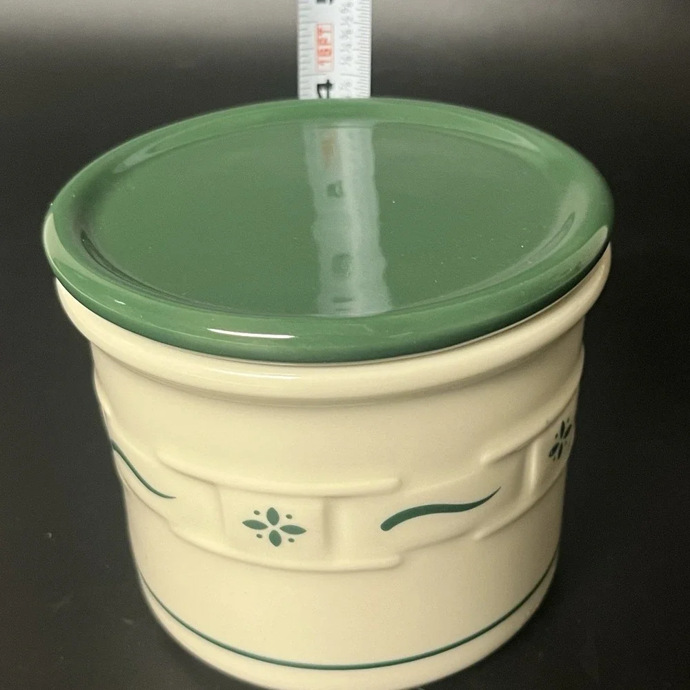 Longaberger Pottery Green Woven Traditions pint Crock, Lid, Coaster & New Candle